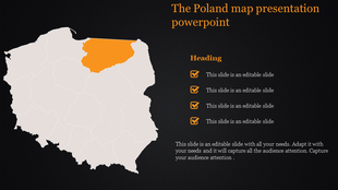 Poland map presentation slide highlighting the northeastern region with checkboxes for content on a dark background.