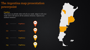 Map of Argentina with selected provinces highlighted in orange, alongside labeled captions and percentage markers.