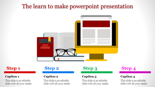 PowerPoint presentation steps featuring books, glasses, and a computer to guide the learning process with captions.