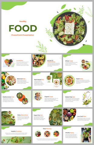 Green themed healthy food PPT featuring various slides on balanced diets, organic foods, superfoods, and meal planning.