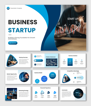 Business startup PowerPoint template with a rocket illustration and four captioned sections on either side and icons.