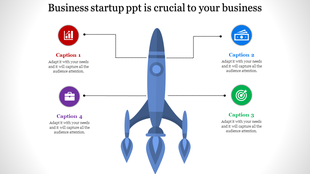 Business startup PowerPoint template with a rocket illustration and four captioned sections on either side and icons.