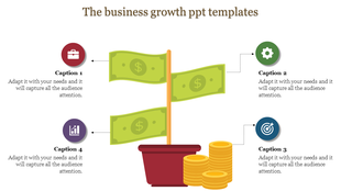Illustration of a potted plant with dollar bills as leaves and gold coins beside it, connected to four colored icons.