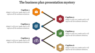 Business plan slide with hexagon icons in orange, red, blue, green, purple, and yellow, connected by a zigzag line.