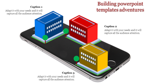 Building PowerPoint template featuring colorful buildings arranged on a smartphone screen with captions.