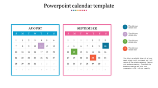 Calendar slide showing august and september months with highlighted dates and color coded events with text captions.