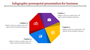 Hexagonal chart divided into red, purple, blue, and yellow sections with business icons and captions around the graphic.