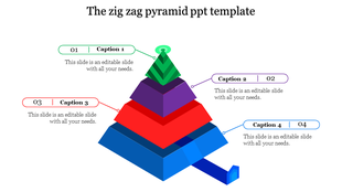 Four level pyramid diagram in blue, red, purple, and green, featuring captions connected by arrows to each section.