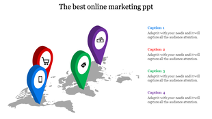 Slide featuring location pins in blue, red, green, and purple, each representing a marketing concept with captions.