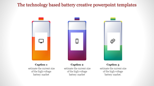 Technology themed template featuring three batteries in orange, purple, and green, with icons and captions below.