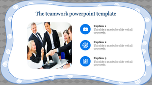 A group of businesspeople smiling and shaking hands on a gray patterned background, and three blue icons with captions.