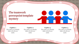 Teamwork themed slide featuring red and blue human figures holding hands, with captions, on a wavy pink and gray border.