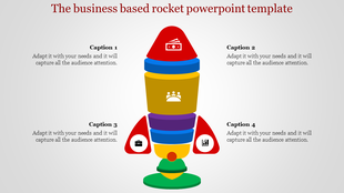 A business themed rocket PPT template with colorful stacked components and icons representing various business elements.