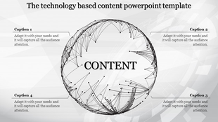 Slide layout featuring a central circular web design with black interconnected lines, surrounded by four captions.