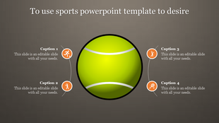 Large yellow tennis ball centered on a gray background, with four captions in orange circular icons around it.