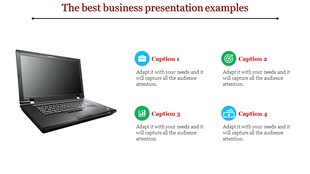 Slide with a laptop image on the left and four colorful icons with captions arranged in two rows on the right.