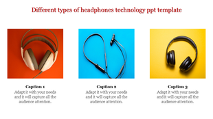 Technology slide featuring three types of headphones over ear, neckband, and wireless, displayed on colorful backgrounds.