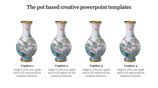 Set of four traditional vases displayed in a creative PowerPoint template.