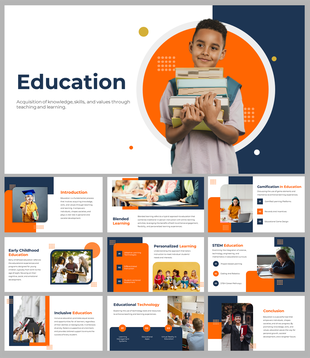 Slides featuring a child with books and educational topics such as blended learning, gamification, and STEM education.
