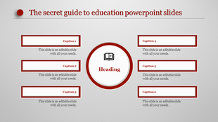 Educational slide with six red bordered caption boxes and a central heading icon on a light gray textured background.