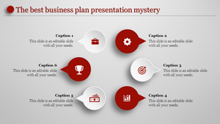 Business plan PPT slide with six numbered icons, representing tools, success, goals, and planning stages with captions.