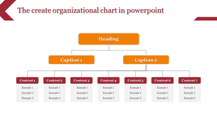 Organizational chart PPT slide featuring a heading with two captions and content sections beneath each, displaying examples.