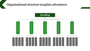 Organizational structure slide showcasing a hierarchical chart with captions and subcategories in green and gray color.
