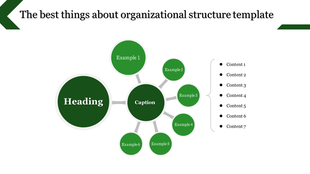 Organizational structure slide with a central heading and caption, connected to examples and a list of content sections.