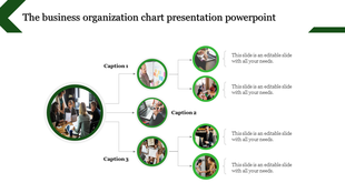 Business organization chart PowerPoint slide with three captions, each connected to circular images.