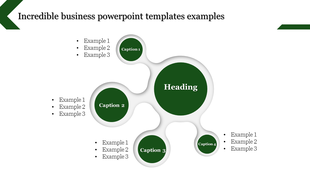 Creative business PowerPoint template showcasing interconnected green circles with captions and bullet point examples.