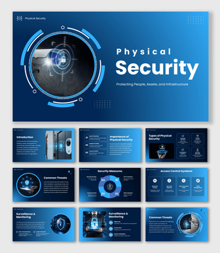 Security PowerPoint Templates with blue gradient, CCTV camera, shield icons, and circular shapes layout design.