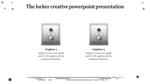Slide with two security locker icons and placeholder text captions, bordered by abstract line decorations.