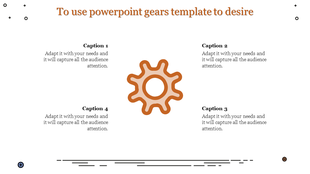 PowerPoint gear template featuring a central gear icon with captions arranged around it for content.