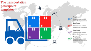 Transportation themed slide featuring cargo containers in red, blue, green, and purple with icons with captions.