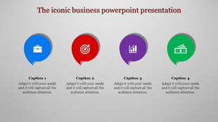 Business PowerPoint slide with colorful icons representing goals, growth, finance, and management in speech bubble shapes.