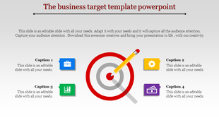 Target themed business PowerPoint template featuring a dart hitting the bullseye and captions highlighting key aspects.