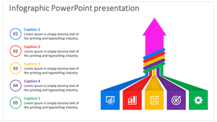 Colorful infographic slide with an upward arrow and five sections, each representing a step with captions and icons.