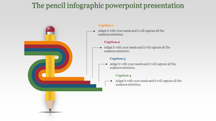 Pencil shaped infographic with colorful overlapping paths in orange, red, blue, and green, paired with caption areas.