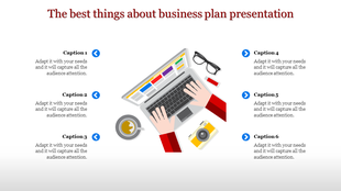 Illustration of hands typing on a laptop surrounded by business items, showcasing a business plan presentation theme.