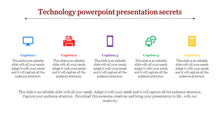 Technology PowerPoint presentation slide featuring colorful icons for a monitor, printer, smartphone, cloud, and calculator.