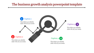 Business growth analysis PowerPoint slide with a magnifying glass icon and connected points labeled with captions.