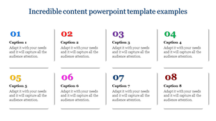 Colorful grid style content PowerPoint template with numbered captions with placeholder text.