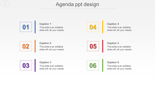 Agenda slide with a grid layout featuring six colorful numbered sections and corresponding captions.