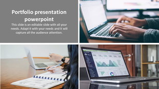Portfolio PowerPoint presentation slide with a gray header, text description, and images of laptops and documents in action.