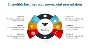 Business plan PPT slide featuring a circular infographic with six sections and icons, centered around a handshake icon.