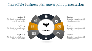 Circular infographic slide showcasing key elements of a business plan, with six sections labeled with icons and captions.
