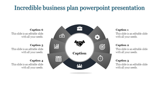 Business plan PowerPoint slide featuring a grayscale circular infographic with six sections and a central handshake icon.