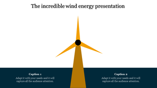 Illustration of a wind turbine with golden blades, representing renewable energy for a wind energy presentation slide.