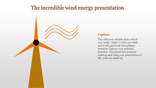 Slide featuring a wind turbine with orange blades and wind flow lines, emphasizing wind energy benefits.