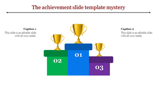 Achievement slide showcasing a podium with three gold trophies representing first, second, and third positions.
